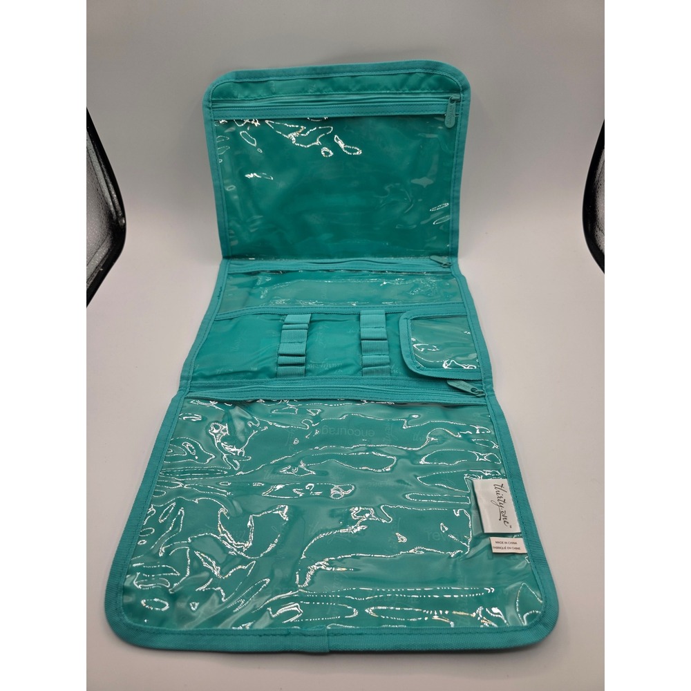 Thirty-One Hanging Traveler Case Teal Crosshatch Tri-Fold Toiletry Organizer Bag